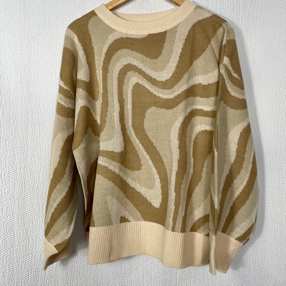 Altar'd State Womens Tan Cream Wavy Abstract Knit Sweater IKT43372-01 Medium NWT
